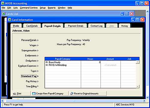 MYOB Card Information dialog box showing Payroll Details tab, with Standard Pay options selected.