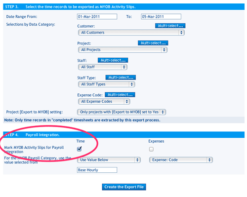 Activity Slips export screen.