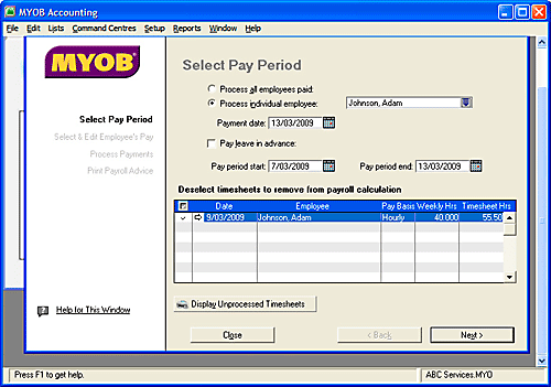 MYOB Payroll Processing dialog box.